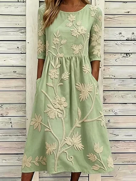 Women Floral Summer Printing Dress Crew Neck Half Sleeve H-Line Dress