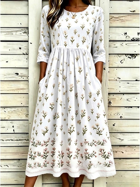 

Women Floral Half Sleeve Crew Neck Printing Dress Daily Casual Maxi H-Line Summer Dress, White, Casual Dresses