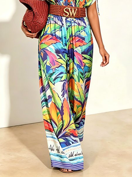 

Vacation Floral Printing Wide Leg Pants No With Belt, As picture, Pants