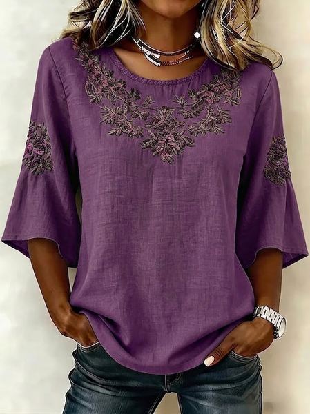 JustFashion – Women Floral Crew Neck Half Sleeve Blouse Printing Vintage Daily Summer Top