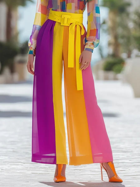 Elegant Color Block Straight Pants With Belt