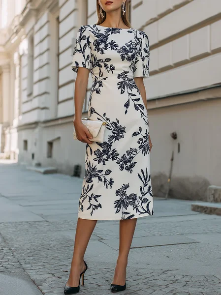 Urban Color Block Printing Floral Boat Neck Midi Dress