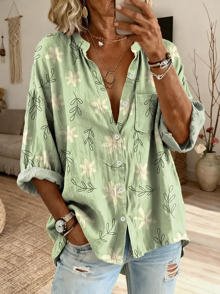 Stand Collar Long Sleeve Floral Regular Micro-Elasticity Regular Fit Button Up Shirt Shirt For Women