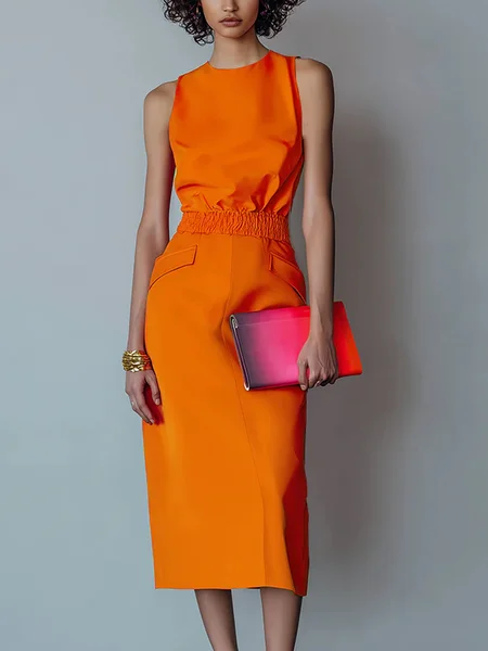 Urban Plain Scramble Crew Neck Midi Dress