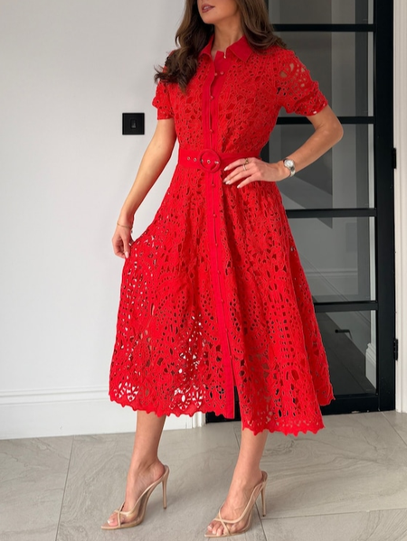 Urban Plain Lace Midi Dress With Belt