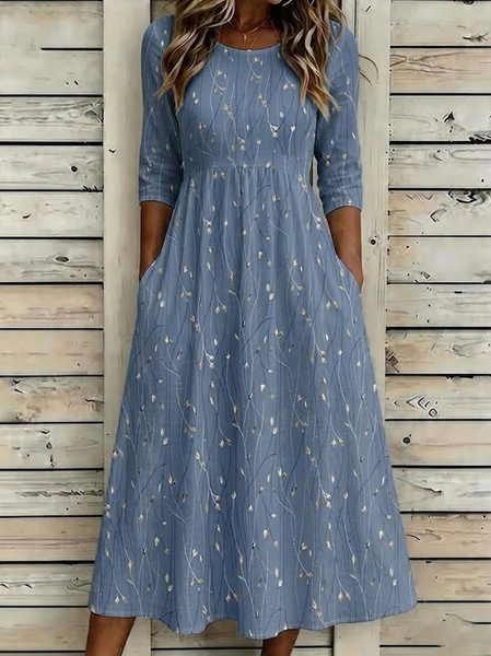 

Women Floral Summer Printing Dress Crew Neck Half Sleeve H-Line Dress, Blue, Dresses