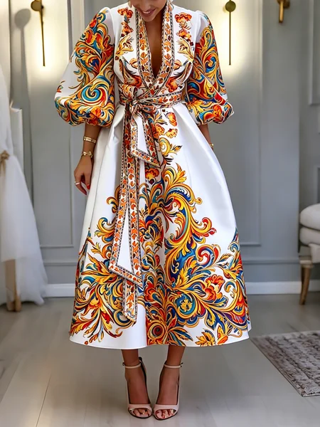 Elegant Ethnic Balloon Sleeve Printing Cross Neck Midi Dress With Belt