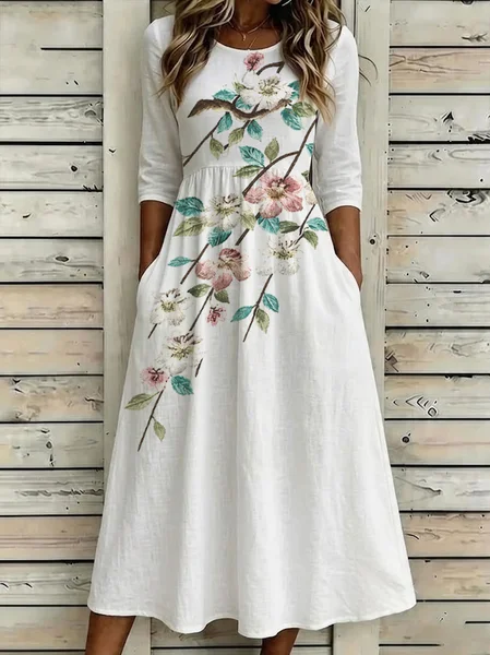 

Women Floral Half Sleeve Crew Neck Printing Dress Daily Casual Maxi H-Line Summer Dress, White, Casual Dresses
