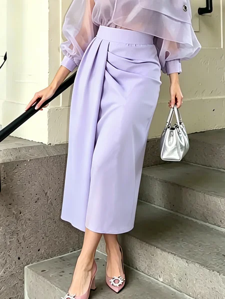 

Elegant Ruched Plain Midi Skirt, Purple, Skirts