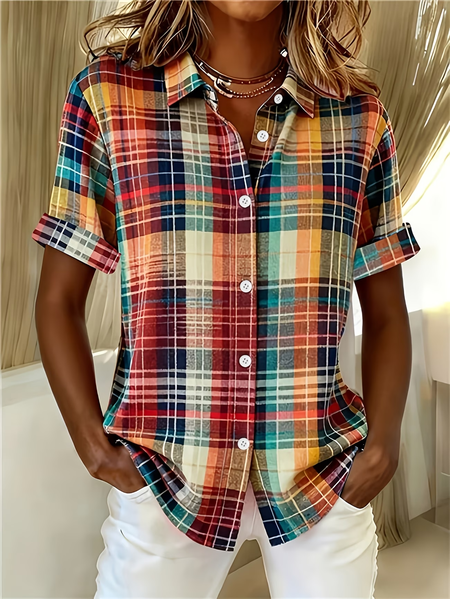 

Women Plaid Shirt Collar Short Sleeve Shirt Printing Casual Daily Summer Top, As picture, Shirts