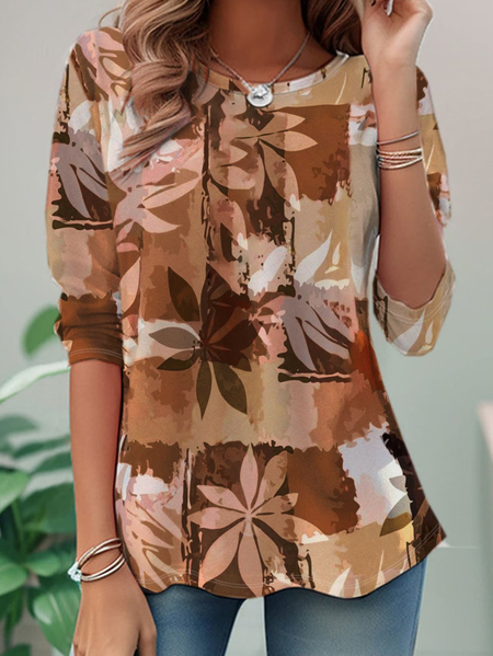

Women Floral Long Sleeve Tee T-shirt Crew Neck Casual Tunic Spring/Fall Top, Brown, T-Shirts