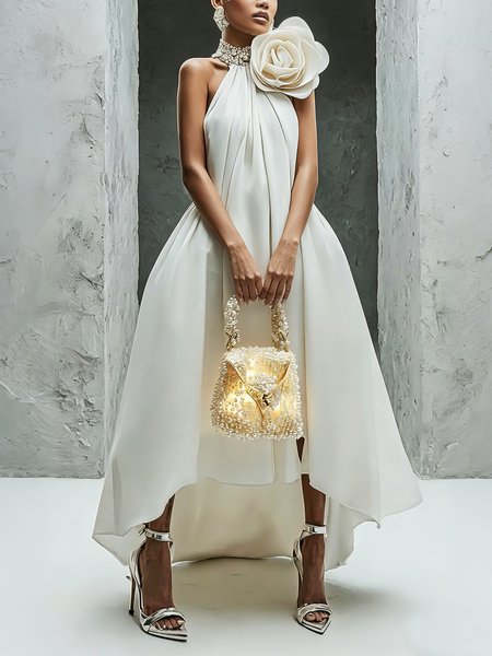 Elegant Plain 3D Floral Halter Neck Maxi Party Dress