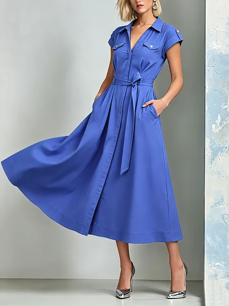 Cotton And Linen Casual Plain Pockets Buttoned Midi Dress With Belt