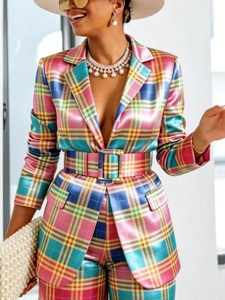 Urban Printing Plaid Lapel Collar Blazer With Belt
