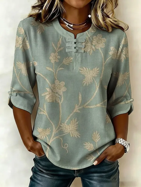 

Women Floral Mandarin Collar Half Sleeve Blouse Printing Vintage Daily Summer Top, Green, Blouses