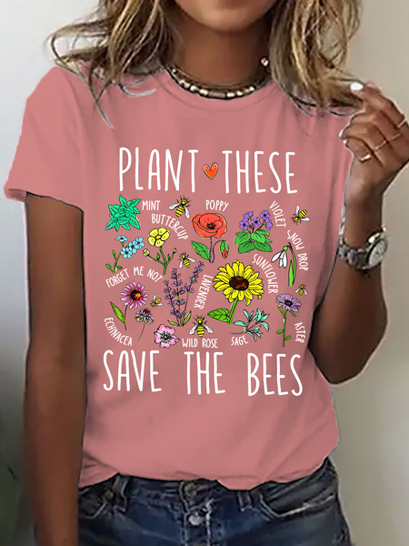 

Vintage Floral Crew Neck Short Sleeve T-shirt, Orange pink, T-shirts