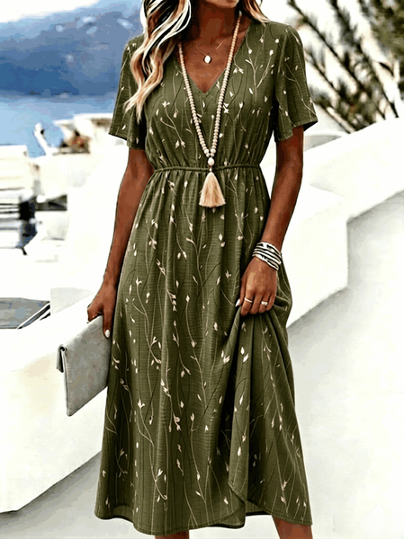 Women Floral Summer Dress V Neck Short Sleeve A-Line Dress