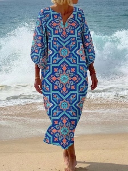 Noracora – Women Geometric Spring/Fall Dress Half Open Collar Three Quarter Sleeve Beach Dress H-Line Dress