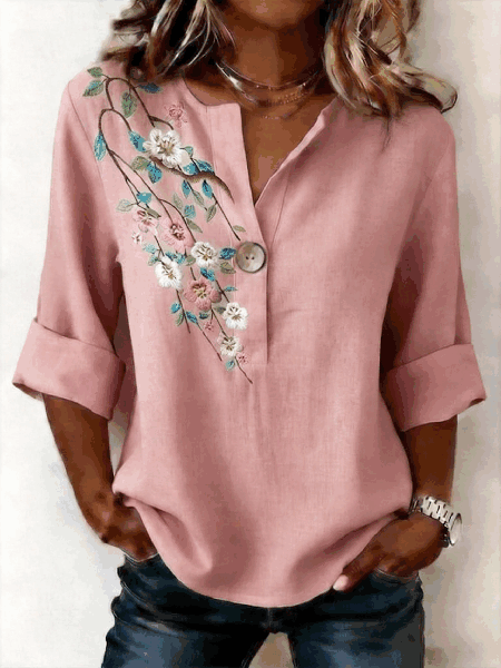 

V Neck Three Quarter Sleeve Floral Regular Micro-Elasticity Loose Shirt For Women, Pink, Blouses