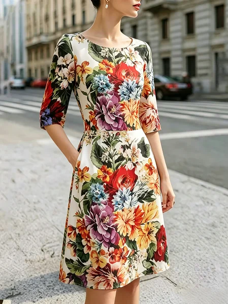 Elegant Floral Printing  Knee Length Dress