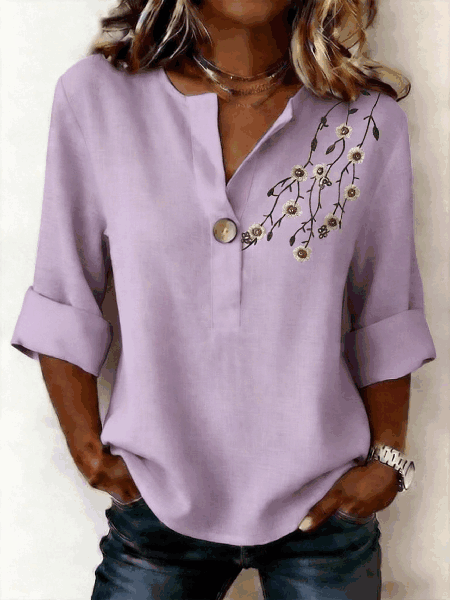 V Neck Three Quarter Sleeve Floral Regular Micro-Elasticity Loose Shirt For Women