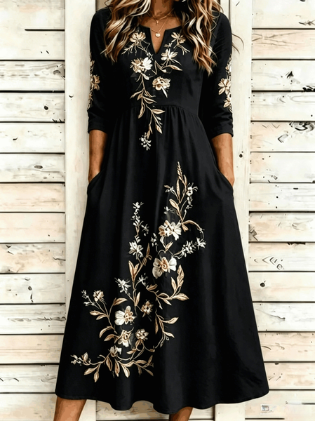 Noracora – Women Floral Spring/Fall Dress V Neck Three Quarter Sleeve A-Line Dress