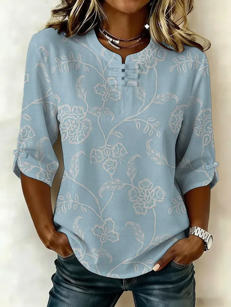 Mandarin Collar Half Sleeve Floral Printing Regular Micro-Elasticity Regular Fit Blouse For Women