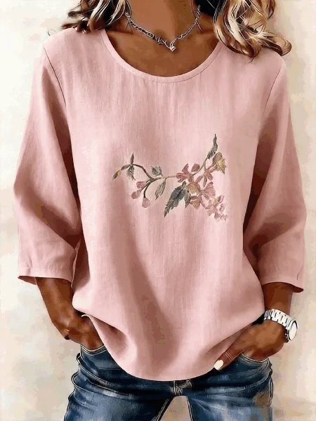 

Crew Neck Three Quarter Sleeve Floral Regular Regular Fit Blouse For Women, Pink, Blouses