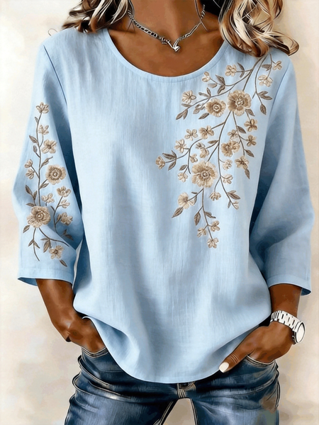 

Crew Neck Three Quarter Sleeve Floral Regular Regular Fit Blouse For Women, Blue, Blouses