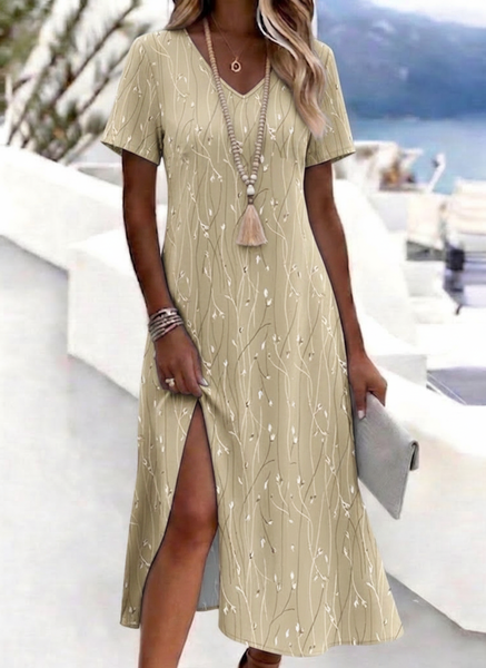 Women Floral Summer Dress V Neck Short Sleeve T-Shirt Dress H-Line Dress
