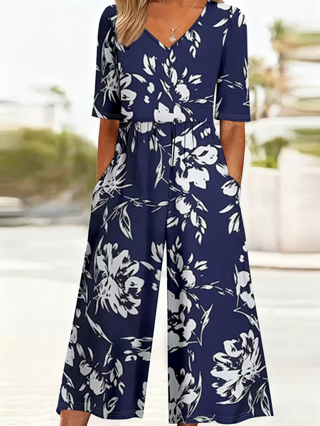 

Women Floral V Neck Half Sleeve Casual Summer Jumpsuit, Purplish blue, Jumpsuits＆Rompers