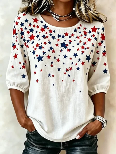 

Women Star Crew Neck Half Sleeve Blouse Printing Vintage Daily Summer Top, White, Blouses