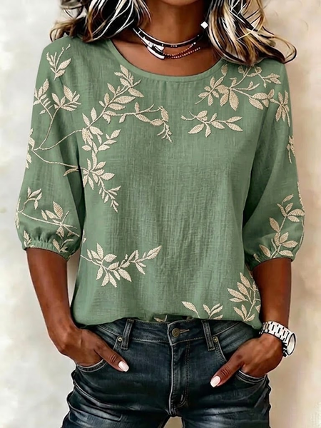 Crew Neck Half Sleeve Leaf Printing Regular Micro-Elasticity Regular Fit Blouse For Women