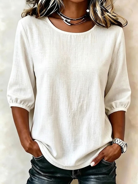 

Women Plain Crew Neck Half Sleeve Blouse Vintage Daily Summer Top, White, Blouses