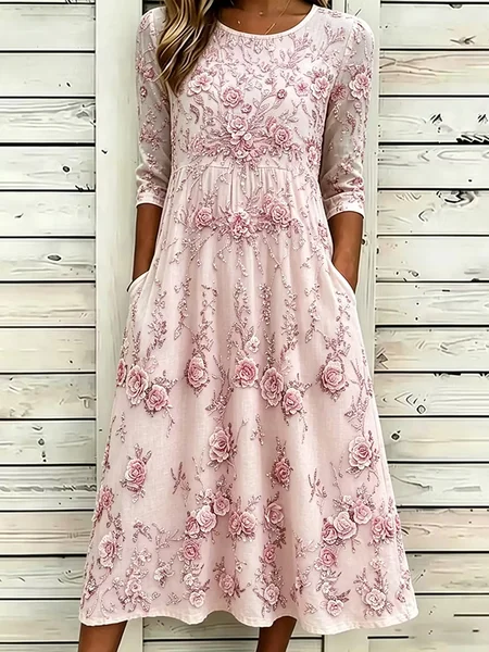 

Women Floral Summer Printing Dress Crew Neck Half Sleeve H-Line Dress, Pink, Dresses