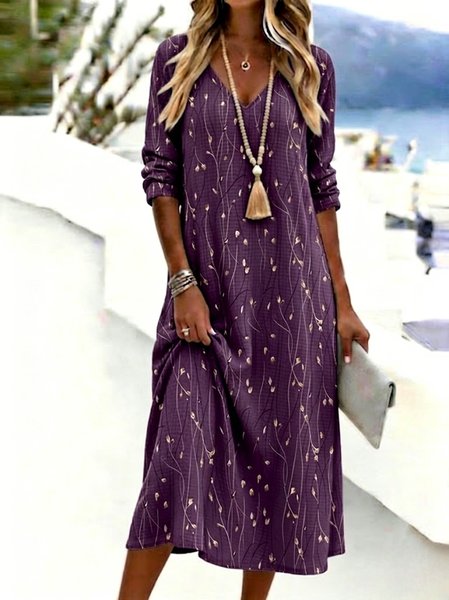 Women Floral Spring/Fall Dress V Neck Long Sleeve H-Line Dress