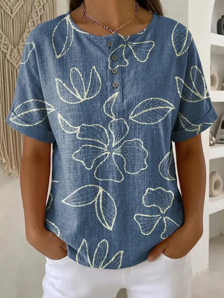 

Women Floral Short Sleeve Tee T-shirt Crew Neck Printing Vintage Summer Top, Blue, T-Shirts