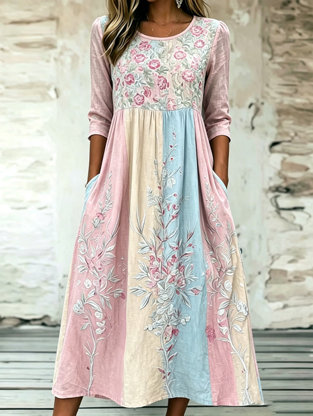 

Women Floral Half Sleeve Crew Neck Printing Dress Daily Casual Maxi H-Line Summer Dress, As picture, Casual Dresses