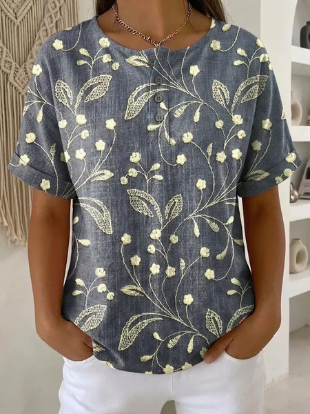 

Vintage Floral Crew Neck Short Sleeve T-shirt, As picture, T-shirts