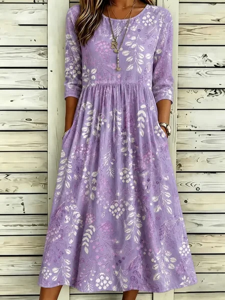 

Women Floral Half Sleeve Crew Neck Printing Dress Daily Casual Maxi H-Line Summer Dress, Purple, Casual Dresses