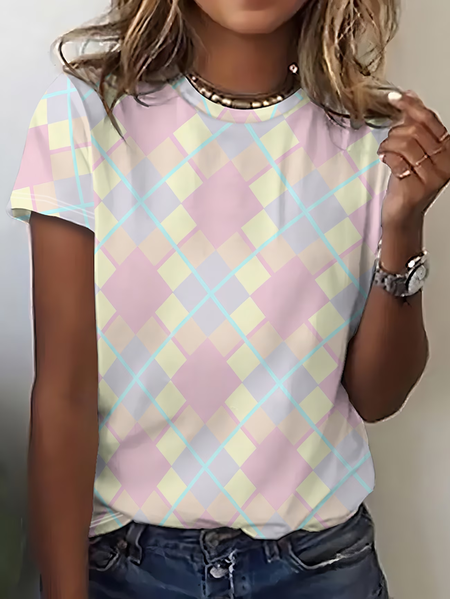 

Casual Plaid Crew Neck Short Sleeve T-shirt, As picture, T-shirts