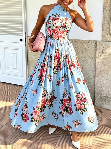 Elegant Floral Printing Halter Neck Maxi Dress