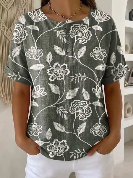 JustFashion – Women Floral Short Sleeve Tee T-shirt Crew Neck Printing Vintage Summer Top