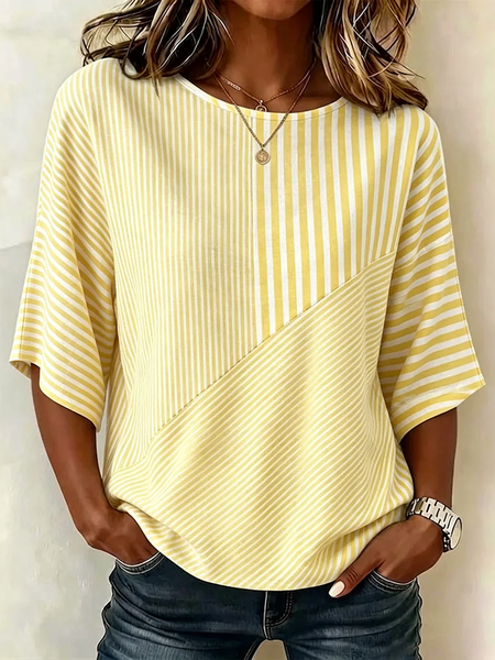 

Women Striped Crew Neck Half Sleeve Blouse Printing Vintage Daily Summer Top, Yellow, Blouses