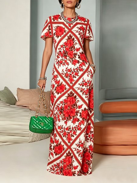 Elegant Floral Printing Crew Neck Maxi Dress