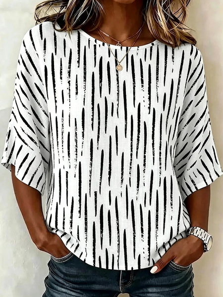 Crew Neck Half Sleeve Abstract Stripes Printing Regular Micro-Elasticity Regular Fit Blouse For Women
