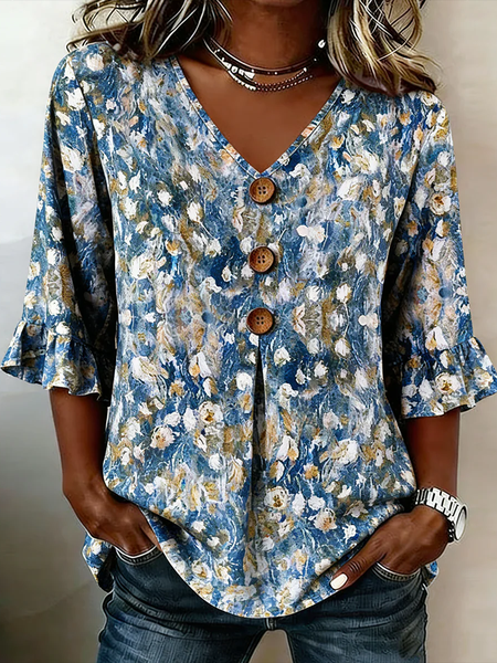 

V Neck Half Sleeve Abstract Printing Regular Micro-Elasticity Regular Fit Blouse For Women, Blue, Blouses