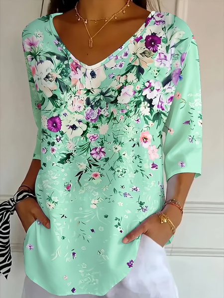 

Women Floral Three Quarter Sleeve Tee T-shirt V Neck Printing Casual Graphic Tee Spring/Fall Top, Green, T-Shirts