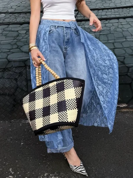 Urban Loose Plain Jeans  Detachable Lace