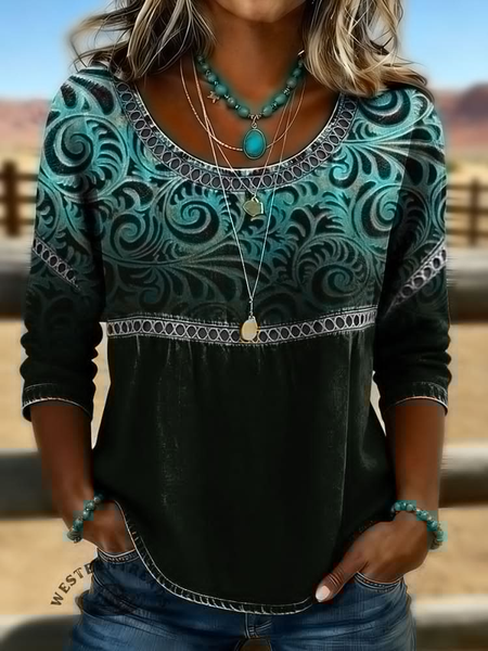 

Crew Neck Half Sleeve Abstract Printing Regular Micro-Elasticity Loose Blouse For Women, Green, Blouses